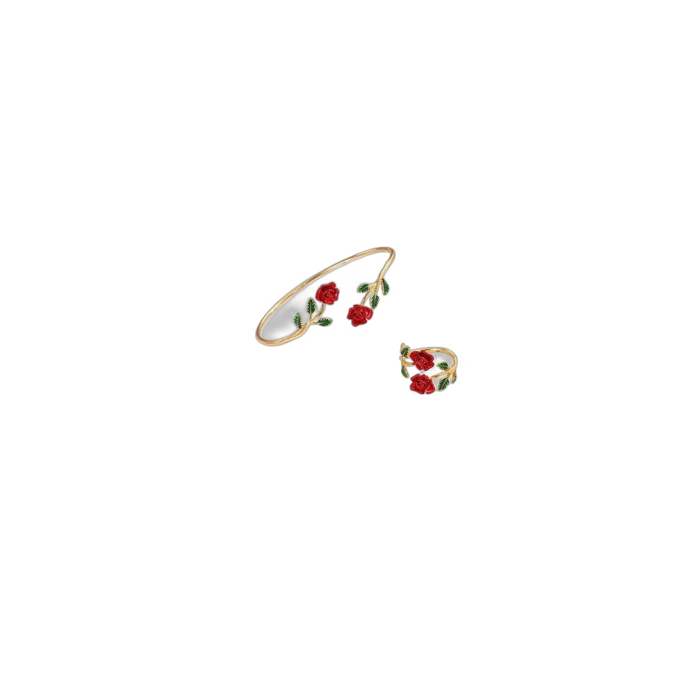 Conjunto Floral Rosa Pulseira E Anel Ajustável, Dourado