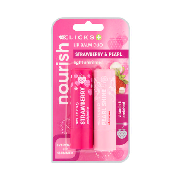 Clicks Lip Balm Duo Strawberry & Pearl 2X4.6g