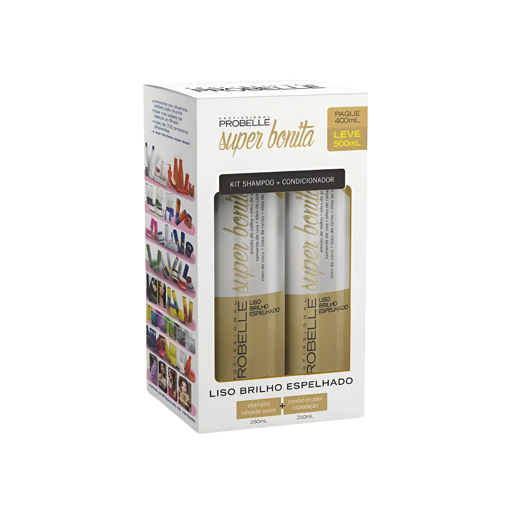 Probelle Kit Shampoo + Condicionador Brilho Liso Espelhado 500ml