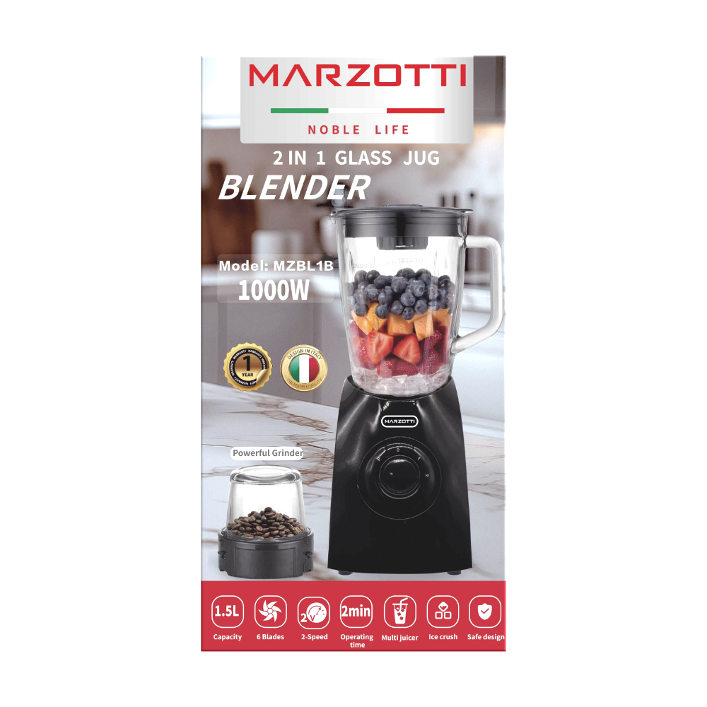 Marzotti 2In1 Glass Jug Blender Mzbl1B 1000W 1.5L