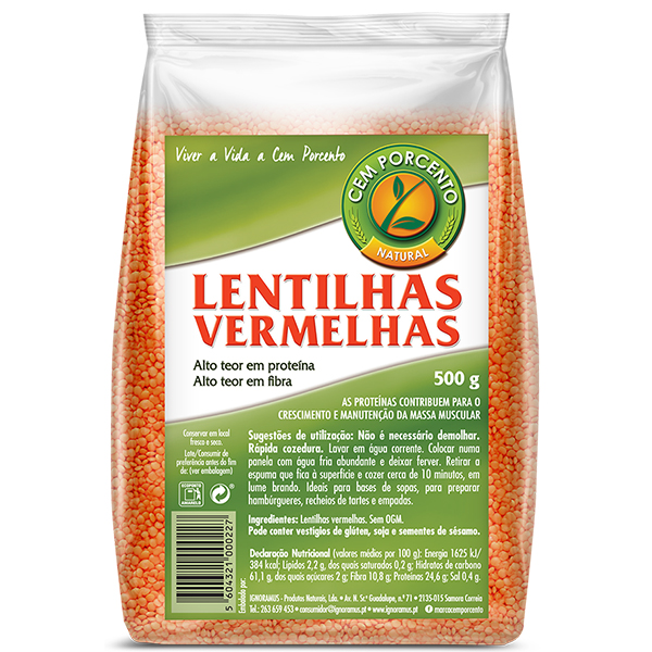 Cem Porcento Lentilhas Vermelhas 500Gr
